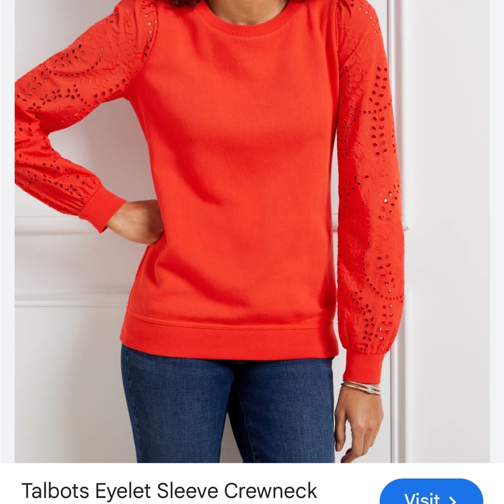 Talbots Red Eyelet-Sleeve Crewneck Sweater